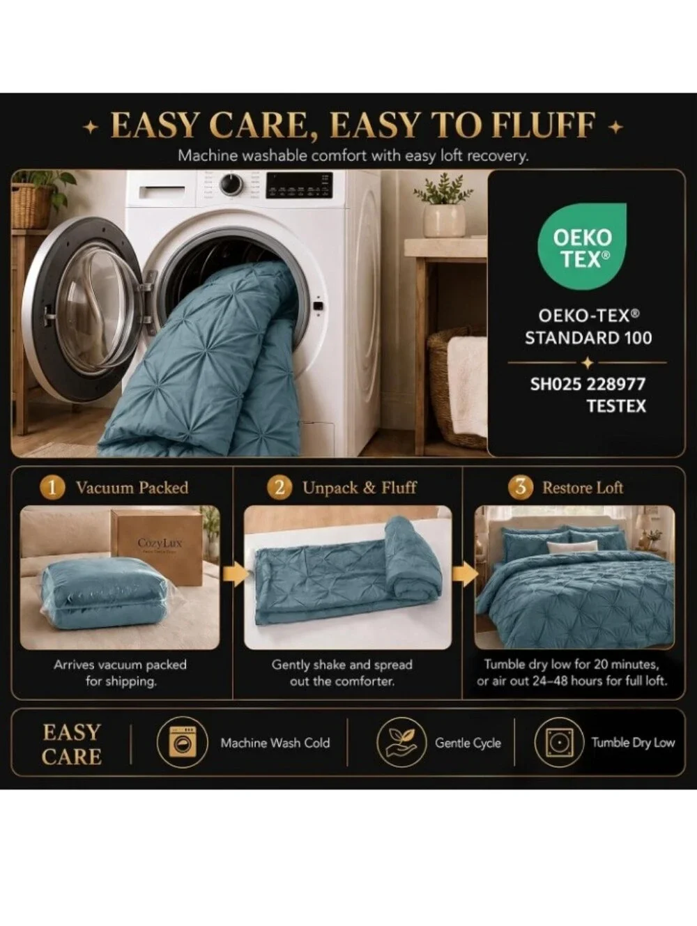 California King Comforter Set Mineral Blue, 7 Pieces Bed in a Bag All Season